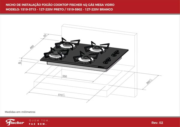 Cooktop a Gás Fischer 4 Bocas Fit Line Trempe Esmaltada Aramado - Image 2