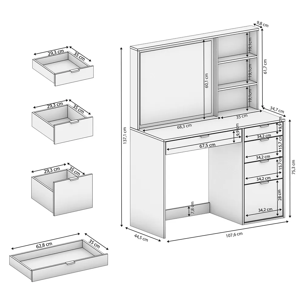 Penteadeira Kappesberg 5 Gavetas 2 Prateleiras Branco Brilho Carb - Image 4