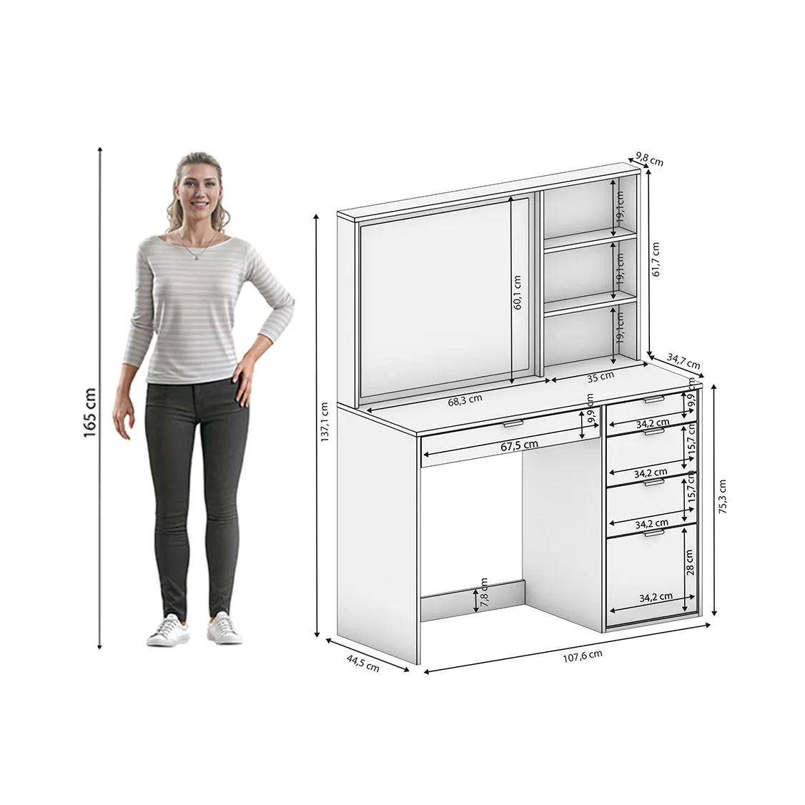 Penteadeira Kappesberg 5 Gavetas 2 Prateleiras Branco Brilho Carb - Image 3